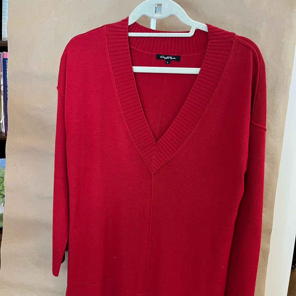 Cheryl Nash Red V Neck Pull over Sweater Size L Wool Tunic